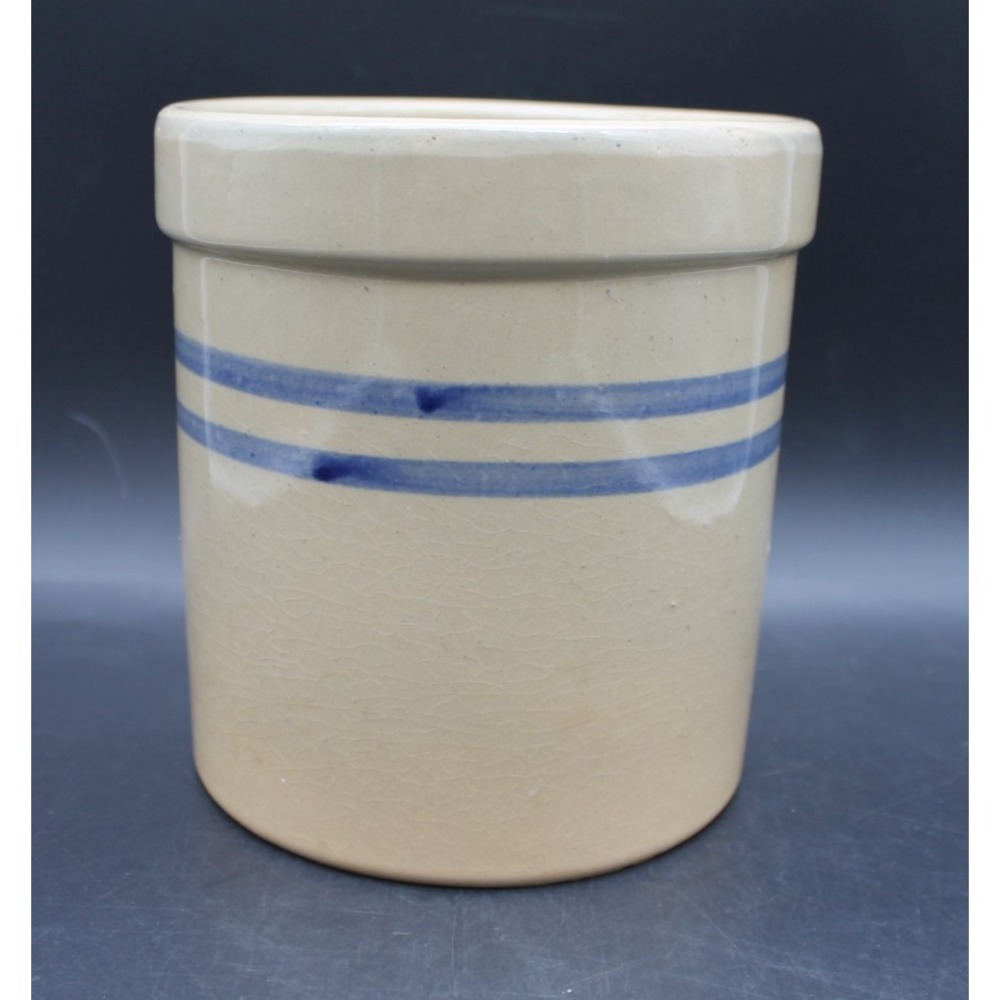 Stoneware Crock Canister  Cobalt Blue Double Stripe Farmhouse Pottery 6.75"